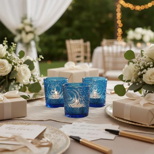 12 Pack Patented Sun Moon Star Embossed Glass Tea Light Candle Holders - Unique Votive Candle Holders for Wedding, Party, and Table Centerpieces (Ocean Blue) - color: Ocean Blue