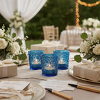 12 Pack Patented Sun Moon Star Embossed Glass Tea Light Candle Holders - Unique Votive Candle Holders for Wedding, Party, and Table Centerpieces (Ocean Blue) - color: Ocean Blue