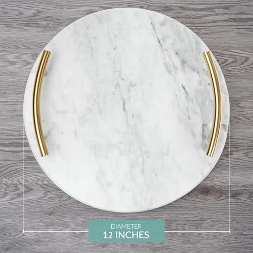 White Marble Tray with Gold Handles - Elegant Solid Marble - Chic Modern Elegant Round Vanity Tray for Bathroom - size: Round 12"