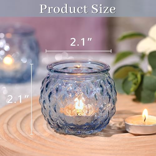 DARJEN Blue Votive Candle Holders Set of 24- Round Glass Candle Holders Bulk for Tea Light Candle, Diamond Texture Candle Votives for Wedding Centerpiece, Party & Home Decor - color: Blue
