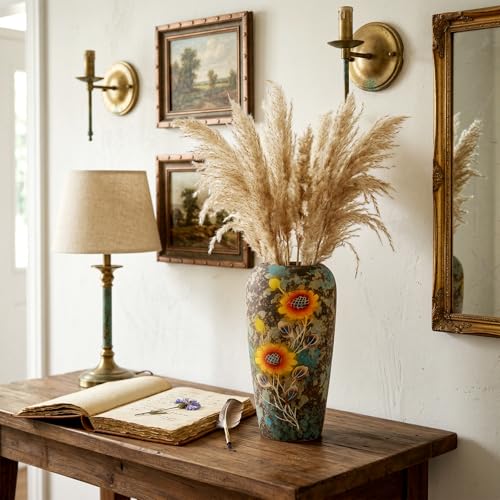 13.2 Inch Ceramic Flower Vase with Drainage Hole, Hand-Painted Sunflower Decorative Vase for Indoor & Outdoor Use, Available in Blue & Rust Color, Includes Rubber Stopper & Mesh Pad - color: Brown-sunflower