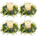 Yunlly 4 Pcs Candle Wreaths Rings Artificial Eucalyptus Wreaths Candle Holder Rings with LED Flameless Candles, 9.5" Wide for Wedding Windows Table Centerpieces, Green and White - color: Green and White, style: Classic
