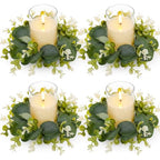 Yunlly 4 Pcs Candle Wreaths Rings Artificial Eucalyptus Wreaths Candle Holder Rings with LED Flameless Candles, 9.5" Wide for Wedding Windows Table Centerpieces, Green and White - color: Green and White, style: Classic