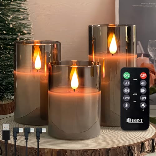 Rechargeable Flameless Candle, Flashing LED Pillar Real Wax Candle with Remote Control and Timer, Upgraded Teardrop Wick, Gray Electronic Candle, 1 Set of 3 - color: Grey Glass-Droplet
