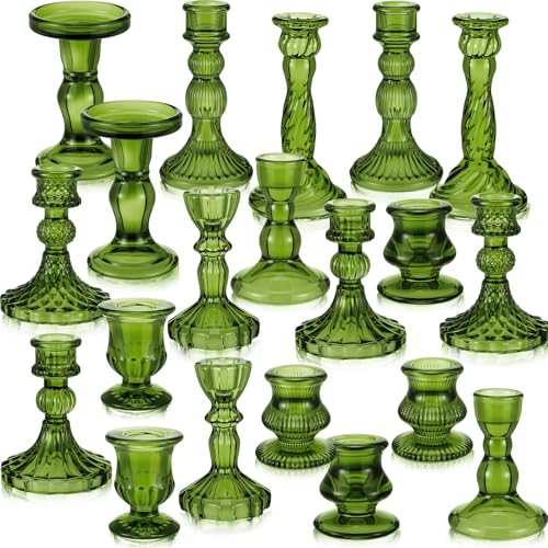 Mumufy 20 Pcs Glass Crystal Taper Candle Holders Clear Glass Candlestick Holder Fit 0.8 Inch Candles Crystal Decorative Candle Stand Centerpiece Table Wedding Dining Party(Green) - color: Green