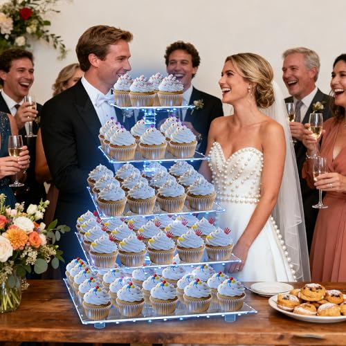 YestBuy 5 Tier Cupcake Stand Acrylic Cupcake Tower Display with LED Light Premium Cupcake Holder Dessert Tree Tower for Birthday Cady Bar Party Décor Weddings, Birthday Parties Events (Blue Light) - color: Blue, size: 5 tier