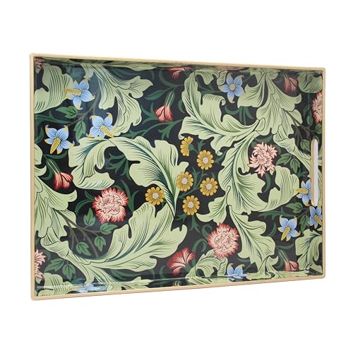 15.8" x 11.8" Dark Green Plastic Serving Tray with Handles, Vintage Acanthus Leaf & Flower Pattern with Gold Trim, for Ottoman, Coffee Table, Vanity - color: Vintage Acanthus Leaf & Flower Pattern