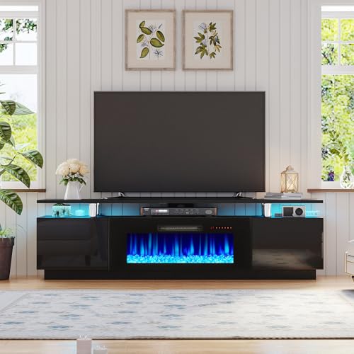AMERLIFE Fireplace TV Stand with 40" Fireplace, 80" Modern Fireplace Entertainment Center LED Lights, 2 Tier TV Console Cabinet for TVs Up to 90", Obsidian Black - color: Black, size: 80"