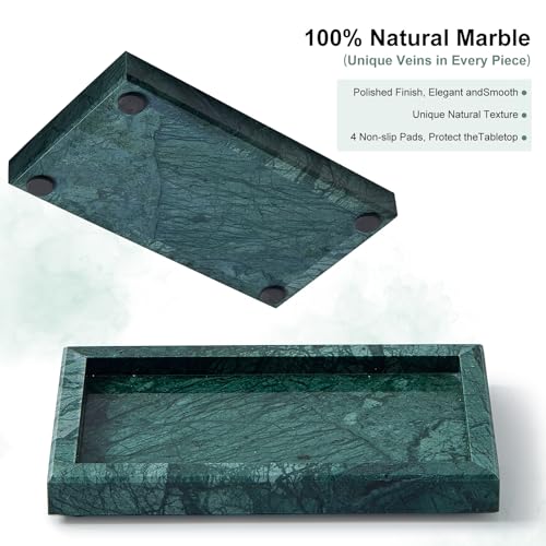 Natural Small Marble Vanity Tray, Luxury Stone Organizer for Bathroom & Kitchen | Holds Soap Dispenser, Jewelry, Perfume | Non-Resin, Non-Ceramic Décor - color: Green, size: 7.9" x 4.3" x 0.8"