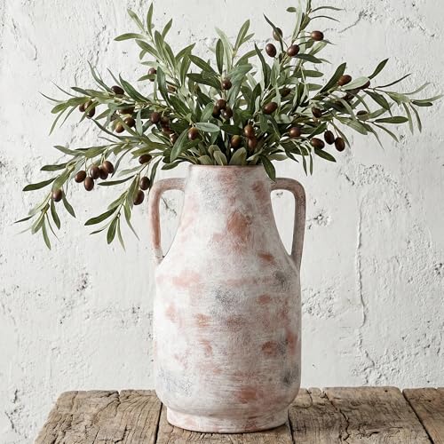 11 Inch Tall Ceramic Vase with Handles, Off-White Farmhouse Rustic Decor | Large Terracotta Style Table Vase for Living Room, Shelf & Fireplace Mantle | Decorative Pottery Centerpiece - color: Terracotta