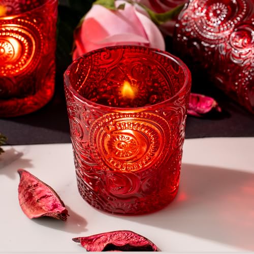 6 Pack Patented Sun Moon Star Embossed Glass Tea Light Candle Holders - Unique Votive Candle Holders for Wedding, Party, and Table Centerpieces (Multi-Color) - color: Multicolor