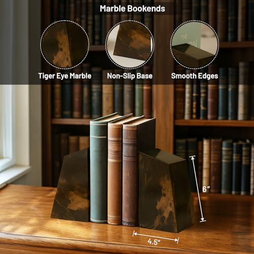 Bey-Berk Tiger Eye Marble Stone Bookends, Brown – Heavy-Duty Desk and Bookshelf Organizer, Decorative Book Holder