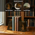 Bey-Berk Tiger Eye Marble Stone Bookends, Brown – Heavy-Duty Desk and Bookshelf Organizer, Decorative Book Holder