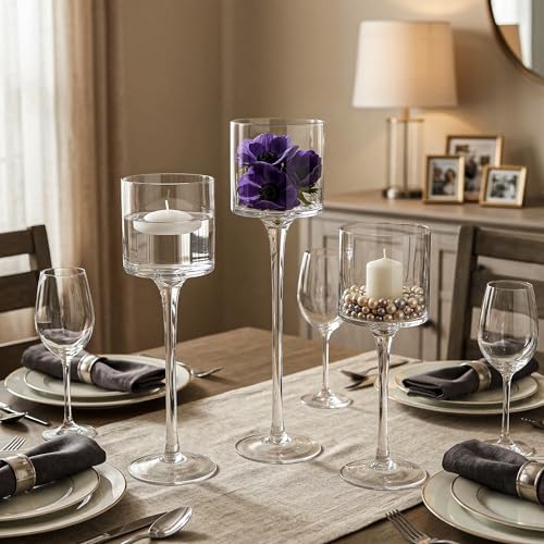 Royal Imports Glass Candleholder Flower Vase, Floating & Pillar Candle Centerpiece Display, Decorative Hurricane on Pedestal for Home or Wedding Set of 3, Clear - color: Clear