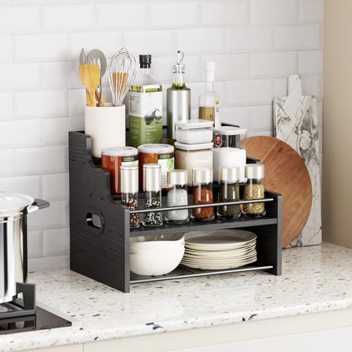 KLM 4-Tier Wood Display Shelf, Black Modern Bottle Organizer, Countertop Bar Stand for Liquor, Coffee Syrup, (Black) - color: Black