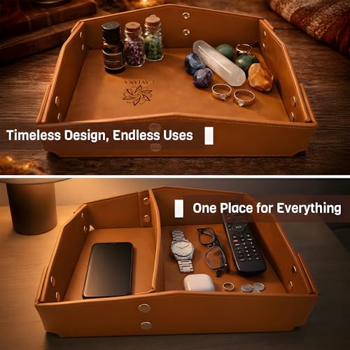 Valet Tray Organizer for Men & Women - PU Leather Catch All Tray with Removable Divider - EDC Storage for Keys, Watch, Phone - Nightstand, Dresser & Desk Organizer - Saddle Tan - color: Saddle Tan