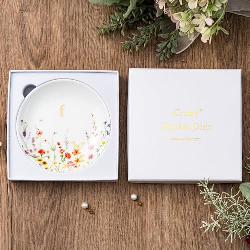 Crisky Initial Jewelry Tray Ring Dish & Gift Box, Ceramic Flower Trinket Dish for Rings Earrings Necklaces Keys, Bridal Shower Engagement Birthday Gift for Women, Friends 4.57" (Gold Foil F - style: Initial F