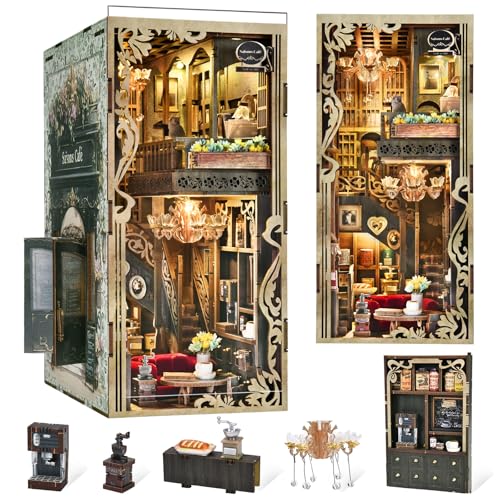 CCCDF Book Nook Kits for Adults and Teens, DIY Miniature Dollhouse Kit 3D Wooden Puzzle Booknook Bookend with LED Light, Gifts for Family, Friends (Saison Café) - style: Saison Café