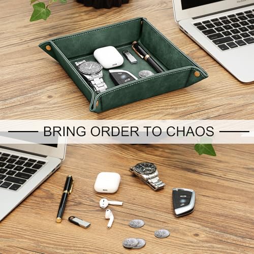 SITHON Valet Tray Desktop Storage Organizer – Premium PU Leather Catchall Bedside Vanity Tray Nightstand Caddy Holder for Keys, Phone, Wallet, Coin, Valentine's Day Gift, Dark Green - color: Dark Green