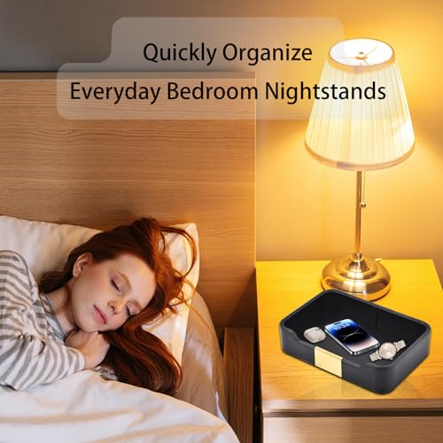 Leather Tray Desktop Storage,Luxury Nightstand Organizer Decorative Tray,for Entryway Table to Hold Jewelry Watch Cosmetics Keys Phone Wallet Home & Office Accessories,Black, 8.5L x 5.7W x 1.8H - color: Black