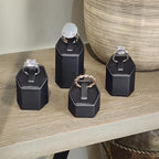 MOOCA 4 Pcs Set Faux Leather Ring Stand Holder Jewelry Display Set, Ring Holders for Jewelry Storage Organizer Stand Pedestals Display, Steel Gray, 1 3/4W x 1 5/8D and ½” H,¼” H,2 ½” H - color: Steel Gray Faux Leather