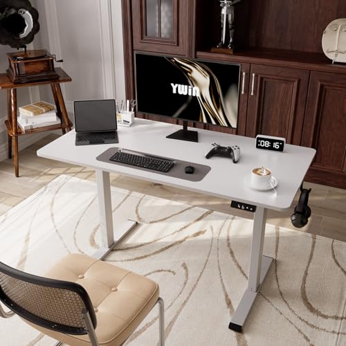 Ywin Electric Height Adjustable Standing Desk with Wheels, 63 x 24 inches Ergonomic Stand Up Desk for Home Office - color: White-1