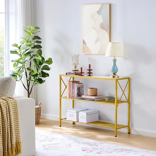 Hoctieon Gold Console Table, 3 Tier Entryway Table, Hallway Table, Narrow Sofa Table with Shelves, Entrance Table for Entryway, Gold and White - color: Gold and White