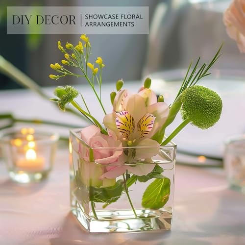 KEYWING 6 Pack Square Glass Vase 4" x 4" x 4", Clear Flower Vases for Centerpieces, Square Glass Cube Vase Candle Holder for Wedding, Party, Home Office Decoration - size: 4 Inch