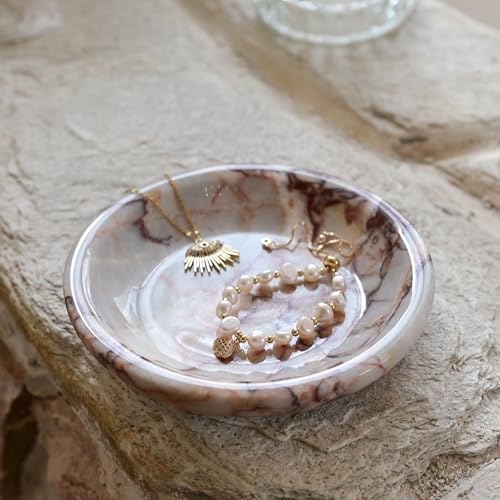 ZSHAWN Natural Calacatta Viola Ring Dish Jewelry Tray – 5.5" Trinket Dish for Rings Earrings Necklace, Scratch-Resistant Vanity Organizer, Elegant Gift for Women (Pink & Red) - color: Pink & Red Calacatta Viola Marble