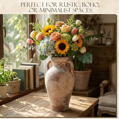 11 Inch Ceramic Flower Vase with 2 Handles Tall Terracotta Rustic Floor Vase for Centerpieces Decorative Small Vintage Farmhouse Vases for Home Decor, Table, Living Room