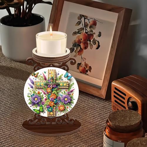 ARTopet DIY Diamond Art Painting Candlestick Holders Wooden Desk Candle Holder Ornament Double Sided Diamond Tabletop Ornaments for Home Decor-Flower Cross - color: Flower Cross
