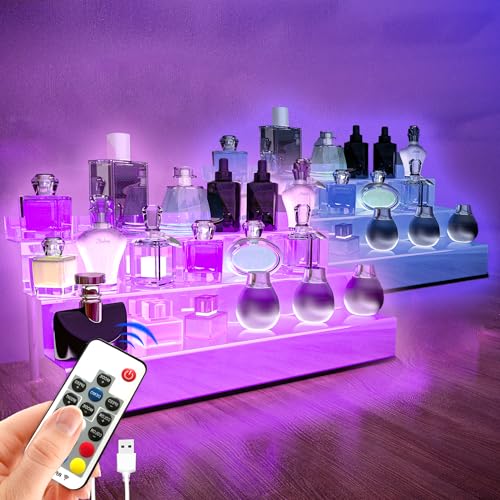 YMVV 15.7 IN Clear Acrylic Display Riser Shelf with LED light,3 Tier Display Step Shelves Holder, Perfume Cologne Organizer Holder,Pops Toys Figures, Clear Cupcake Riser, Dessert Shelf ,2 Pack - color: LED+15.7IN+2 Pack