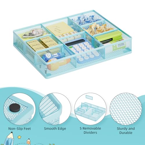 Marbrasse Desk Drawer Organizer, Metal Mesh Drawer Organizer Tray with 5 Adjustable Compartments,Desk Organizers and Accessories for Home,Office,Kitchen,Makeup,Vanity (Blue) - color: Blue