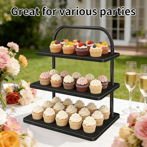 Cupcake Stand, 3 Tier Halloween Cupcake Stand for 50 Cupcakes Rustic Cupcake Display Stand Large Wood Dessert Table Display Set Cupcake Tower Tiered Tray Stand for Wedding Birthday Party - color: black