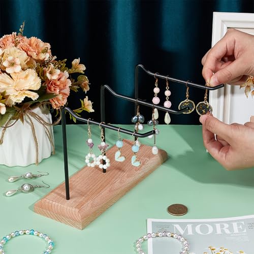 1-Tier 3-Row Wood Jewelry Display Stands 8.27x6.69x6.69 Inch Metal Tabletop Jewelry Organizer Black Metal Earing Tower Stand for Earring Bracelet Watch Chain Keychain for Ring Storage