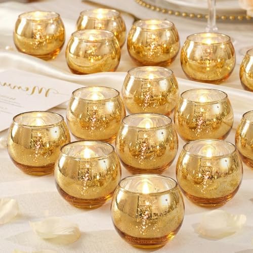 LAMORGIFT 24 Pcs Gold Votive Candle Holders -Gold centerpieces for Wedding Table Decor, Mercury Tealight Candle Holder for Bridal Shower, Engagement, Birthday Party Decorations - color: Gold