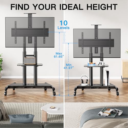 PERLESMITH Mobile TV Stand for 55-90 Inch Flat/Curved Screen TV Max VESA 800x500mm Outdoor TV Cart with Height Adjustable AV Shelf- UL Certificated Rolling Floor TV Stand Holds up to 200Lbs (PSTVMC07) - size: 55-90 Inch