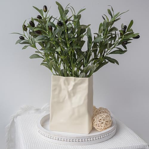 Relexome Paper Bag Vase Crinkle Wide Ceramic Flower Vase Cream White Boho Wabi-Sabi Vases, Cute Home Office Living Room Decor Aesthetic Unique Bookshelf Decorative, Bouquet Gifts for Women Girl 8 Inch - color: Cream White