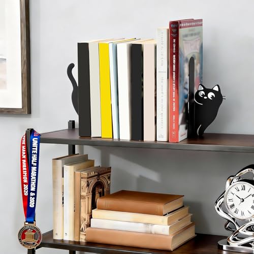 BEISE Book Ends Gifts for Cat Lovers, Decorative Metal Cat Bookends for Bookshelf & Desk, Cute Black Kittens CD Book Holder, Kitchen Organizer for Shelf, Home Office Decor, Unique Book Lover Gift - style: Naughty Cat