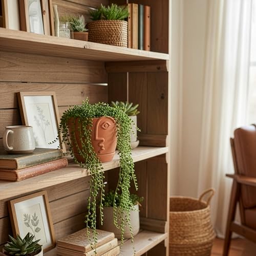 HERDUK 8 Inch Terracotta Abstract Face Planter with Drainage & Saucer – Large Artistic Statement Pot for Indoor & Outdoor Plants, Sculptural Boho Home Decor, Unique Art Gift - size: 8 Inch
