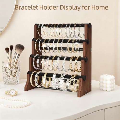 ORLESS 4 Tier Bracelet Holder, Detachable Velvet Jewelry Display Stand, Rustic Wood Necklace Storage Organizer Display Stand, Wall Mounted Holder Display for Bangles Watch Bracelets,Blackbrown - color: Blackbrown