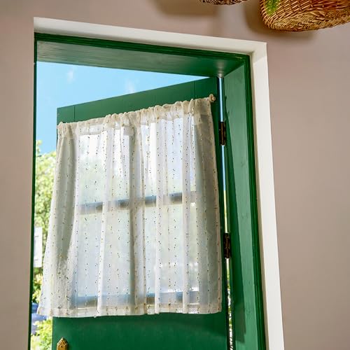 jinchan Semi Sheer Kitchen Curtains for Window 24 Inch Mini Pom-Pom Voile Tier Curtains Light Filtering Small Drapes for Bedroom Living Room Rod Pocket 2 Panels Sunlit Grove - color: Dottie Sunlit Grove, size: 26"W x 24"L (Pack of 2)
