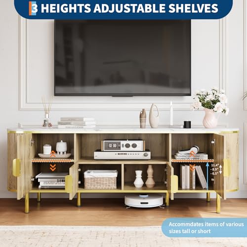 Luxury 70 in Fluted TV Stand with Faux Marble Top, Entertainment Center for TVs Up to 80 in, Wood Media Console with Curved Profile Sliding Doors and Adjustable Shelves for Living Room- Natural Oak - color: Natural Oak