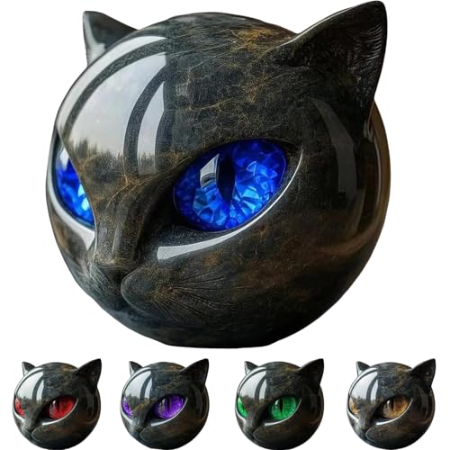 Black Cat Stone Sculpture Figurine Handcrafted Marble-Look Resin Statue with Amber Eyes, Elegant Home & Office Shelf Décor, Halloween Cat Figurine Gift for Animal Lovers (Blue) - color: Blue