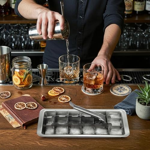 Stainless Steel Ice Cube Trays with Tweezers, Easy-Release Lever Handle, Durable Metal Ice Cube Trays for Freezer, Ideal for Whiskey, Cocktails & Drinks (1 Pack) - color: 18-Cube Ice Tray - Pack of 1