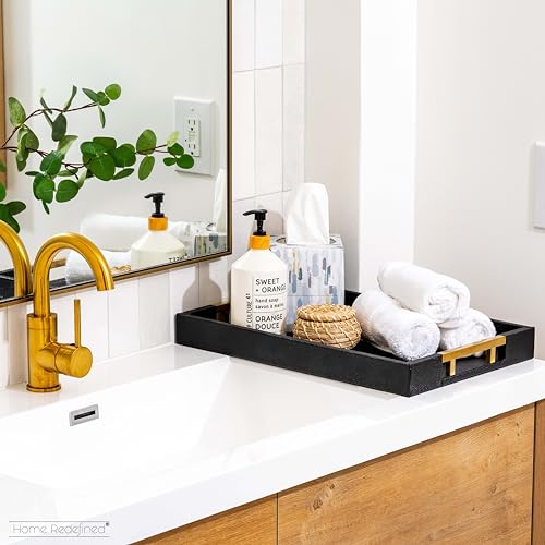 Modern Elegant 17.5"x12" Rectangle Black Glossy Shagreen Faux Leather Decorative Tray Ottoman Coffee Table Perfume Living Room Kitchen Serving Tray with Gold Polished Metal Handles by Home Redefined - color: Black/Gold