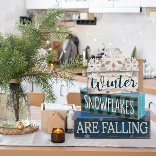 Yuntau 6 Pcs Winter Snowflakes Table Decorations Christmas Snowflake Centerpieces for Tables Winter Tiered Tray Decor Rustic Wood Snow Sign Farmhouse for Wonderland Party Kitchen Shelf Home - style: Snowfake