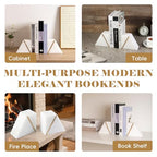 Natural Marble Bookends for Shelves, Decorative Book Ends for Heavy Books, Heavy Duty Mid Century Modern White and Gold Stone Book Holders with Brass Inlay, Unique Bookshelf Stopper Decor, Set of 2 - style: Art Deco