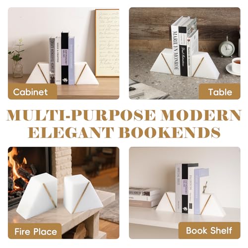 Natural Marble Bookends for Shelves, Decorative Book Ends for Heavy Books, Heavy Duty Mid Century Modern White and Gold Stone Book Holders with Brass Inlay, Unique Bookshelf Stopper Decor, Set of 2 - style: Art Deco