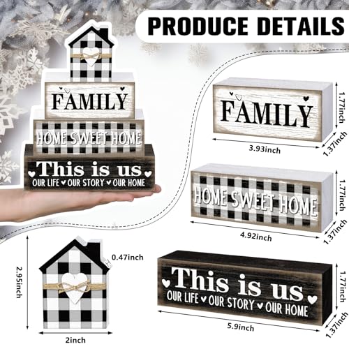 Cinnvoice 4 Pcs Farmhouse Tabletop Decor Rustic Family Blessed Home Table Centerpiece This Is Us Sign for Kitchen Shelf Desk Fireplace Mantel Tiered Tray Decor(Buffalo Plaid Family) - style: Buffalo Plaid Family